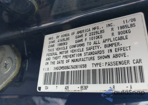2007 Honda Accord 2.4 Ex from USA, damaged, VIN 1HGCM56847A061658